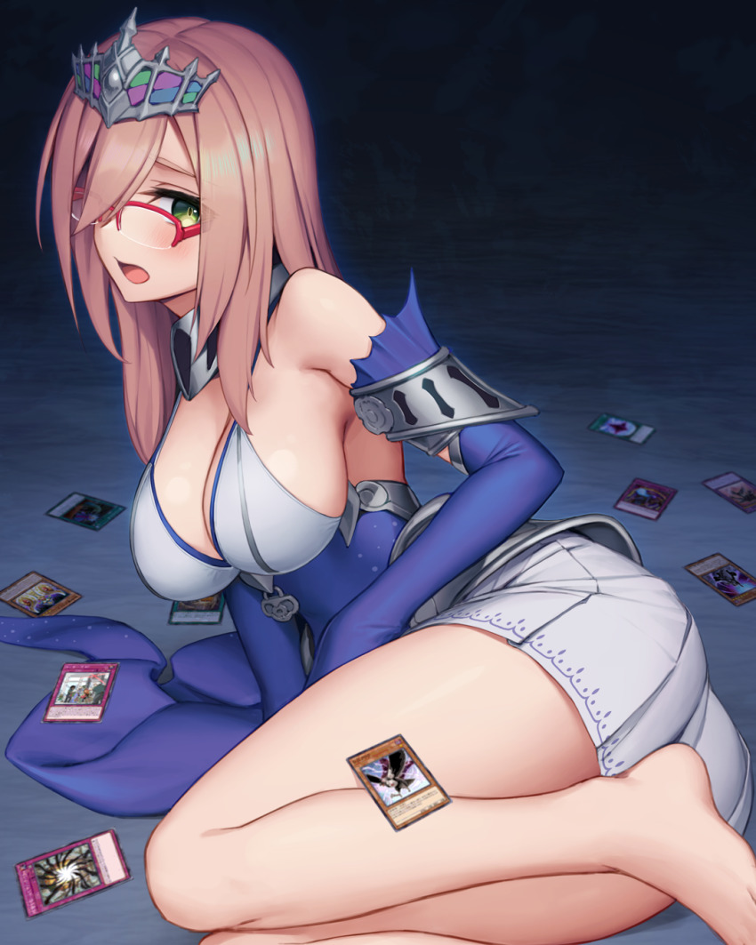 1girl, agido_the_ancient_sentinel, armpits, bare_legs, blue_dress, blush, breasts, brown_hair, called_by_the_grave, card, cleavage, collar, cosplay, cosplay_girl_(rotix), d.d._crow, detached_sleeves, dimension_shifter, dimensional_fissure, dress, duel_monster, glasses, green_eyes, highres, large_breasts, lock, long_hair, long_sleeves, looking_at_viewer, lying, metal_collar, miniskirt, open_mouth, original, red-framed_eyewear, rotix, semi-rimless_eyewear, sideboob, skirt, solo, strap, tearlaments_havnis, tearlaments_havnis_(cosplay), there_can_be_only_one, tiara, very_long_sleeves, white_skirt, yu-gi-oh!