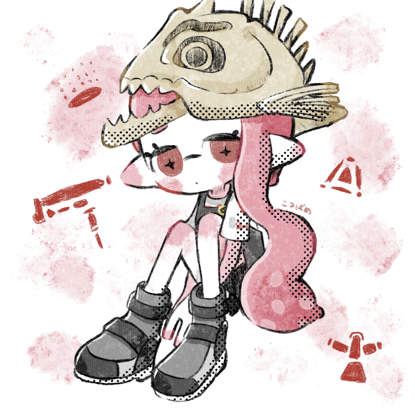 1girl, apron, black_apron, black_footwear, closed_mouth, cross-shaped_pupils, dot_mouth, eyelashes