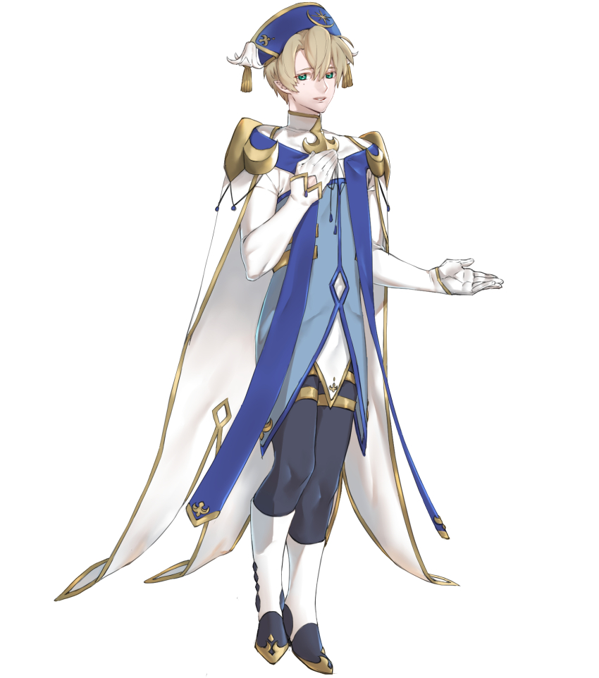 1boy, asano_semi, blue_hat, brown_hair, cape, full_body, gloves, gold_trim