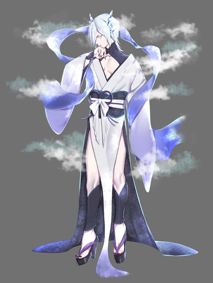 1boy, asano_semi, black_nails, blue_horns, full_body, grey_background, high_heels, horns, japanese_clothes, kimono, male_focus, medium_hair, obi, original, sash, simple_background, solo, standing, steam, white_hair, white_kimono, wide_sleeves
