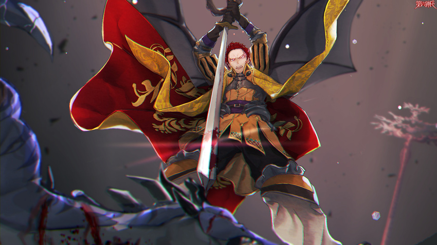 1boy, arms_up, asano_semi, black_wings, blood, cape, dairoku_ryouhei, glowing, glowing_eyes, highres, holding, holding_sword, holding_weapon, monster, open_mouth, red_cape, red_eyes, red_hair, sword, taylor_fiedler, weapon, wings