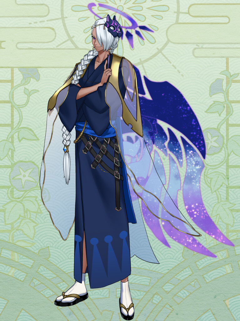 1boy, aragi_andrew, asano_semi, blue_kimono, braid, crossed_arms, dairoku_ryouhei, dark-skinned_male