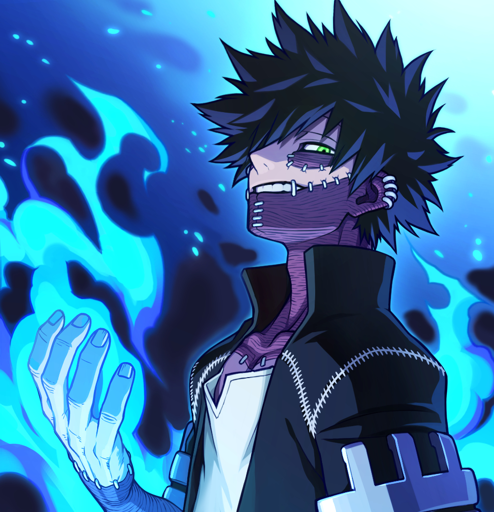 1boy, alternate_eye_color, black_hair, black_jacket, blue_fire, boku_no_hero_academia, burn_scar, cel_shading