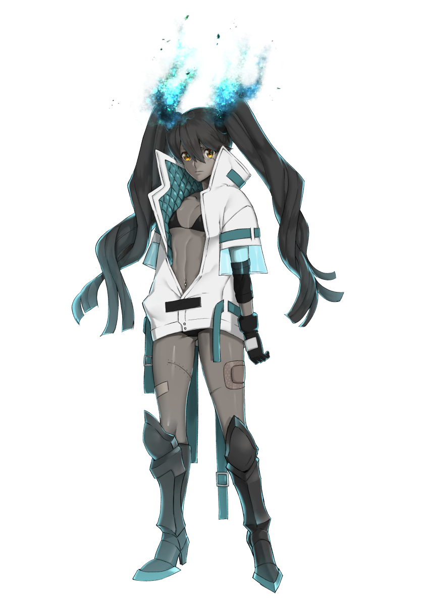 1girl, absurdres, arm_at_side, asano_semi, bandaid, bandaid_on_leg, belt, black_footwear, black_gloves, black_hair, black_horns, blue_fire, breasts, brown_eyes, coat, dark-skinned_female, dark_skin, elbow_pads, fire, full_body, gloves, highres, horns, looking_at_viewer, navel_piercing, open_belt, open_clothes, open_coat, original, piercing, simple_background, small_breasts, solo, standing, stitched_leg, stitches, twintails, white_background, white_coat