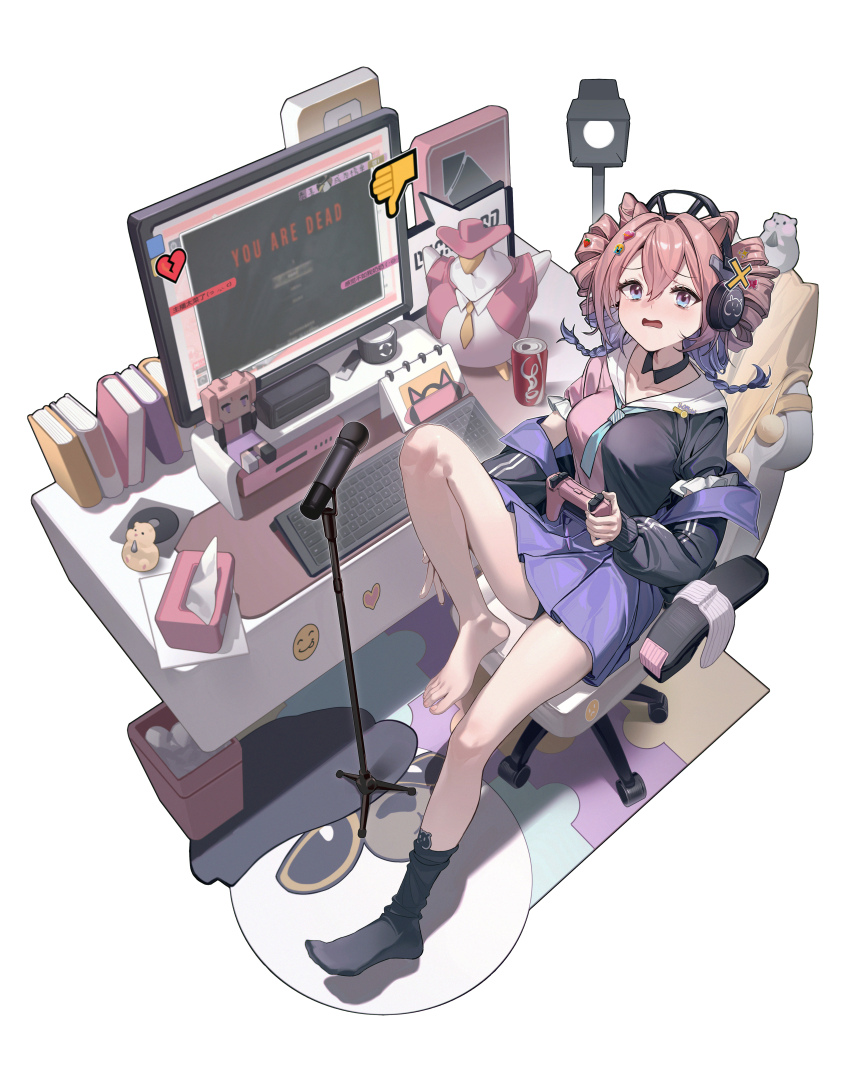 1girl, absurdres, animal_ears, arknights, bike_shorts, black_collar, black_jacket, black_shirt, black_socks, blue_jacket, blue_necktie, book, can, cat_ears, chair, character_doll, character_rug, collar, commentary_request, computer_keyboard, cone_hair_bun, controller, crying, crying_emoji, crying_with_eyes_open, desk, detached_collar, doll, drill_hair, drink_can, duck_lord_(arknights), emoji, food, fruit, full_body, game_over, gaming_chair, gopnik_(arknights), hair_bun, hamster, headphones, heart, highres, holding, holding_controller, jacket, knee_up, long_hair, long_sleeves, looking_at_viewer, microphone, microphone_stand, mismatched_socks, monitor, necktie, open_mouth, pink_hair, pink_shirt, pleated_skirt, purple_eyes, purple_hair, purple_skirt, sailor_collar, shirt, simple_background, single_bare_foot, single_sock, skirt, socks, soda_can, solo, sticker, strawberry, swivel_chair, tears, thumbs_down, tissue_box, trash_can, twin_drills, twintails, two-sided_fabric, two-sided_jacket, u-official_(arknights), unworn_socks, white_background, x_(symbol), zhoi_star
