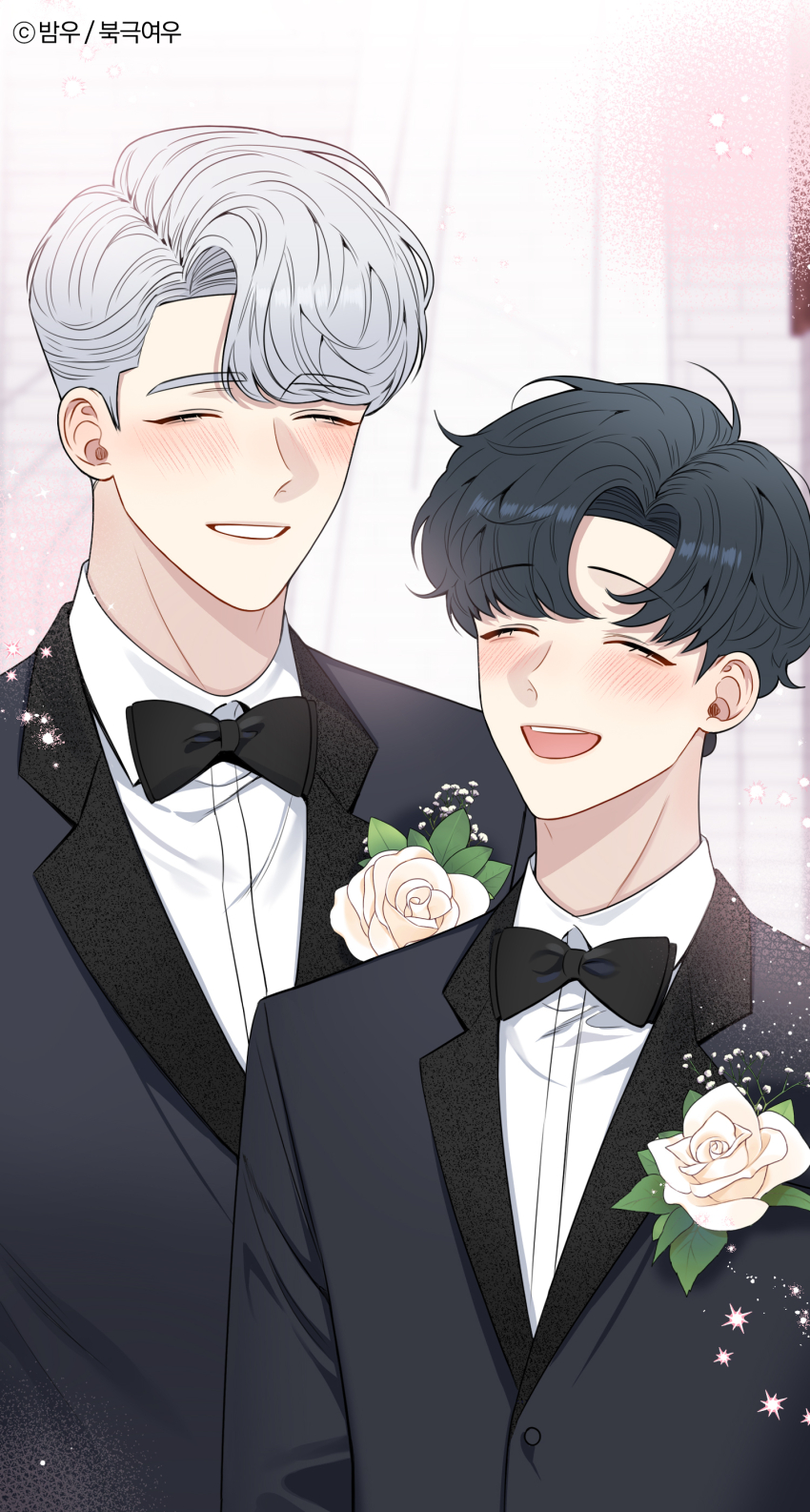 2boys, absurdres, bam_u, black_bow, black_bowtie, black_hair, blush, bow