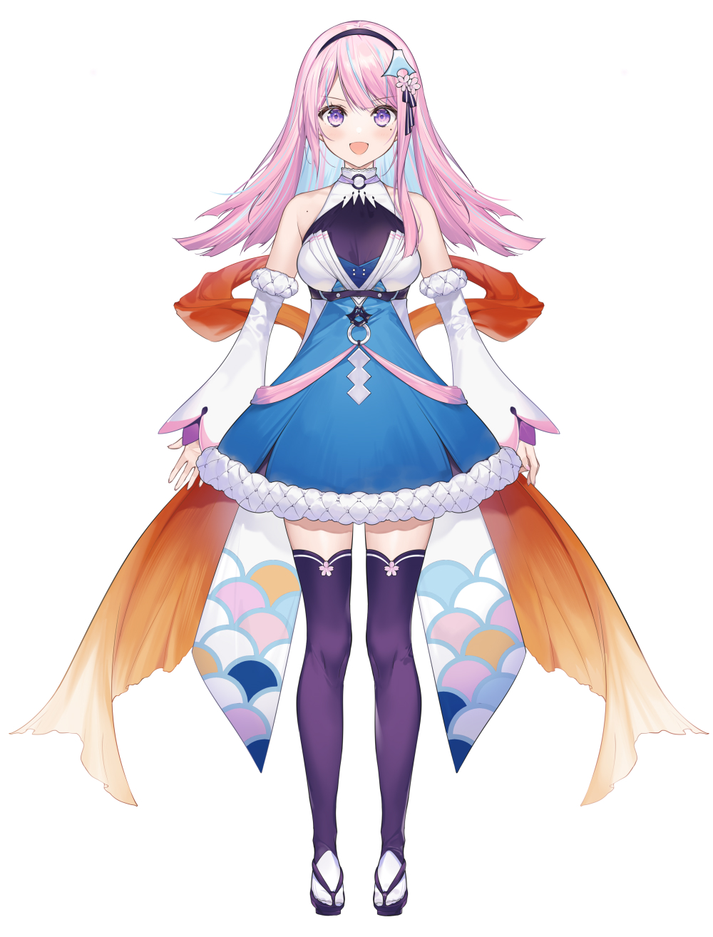 1girl, blue_hair, colored_inner_hair, detached_sleeves, hairband, highres, indie_virtual_youtuber, konohanya_sakuya, mole, mole_under_eye, multicolored_hair, necomi, pink_hair, purple_eyes, shizuoka_prefecture, smile, virtual_youtuber