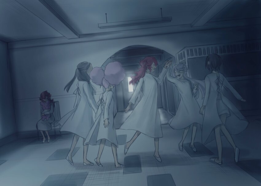 >_<, 6+girls, afro_puffs, aliya_mahvash, black_footwear, black_hair, blue_hair, brown_footwear