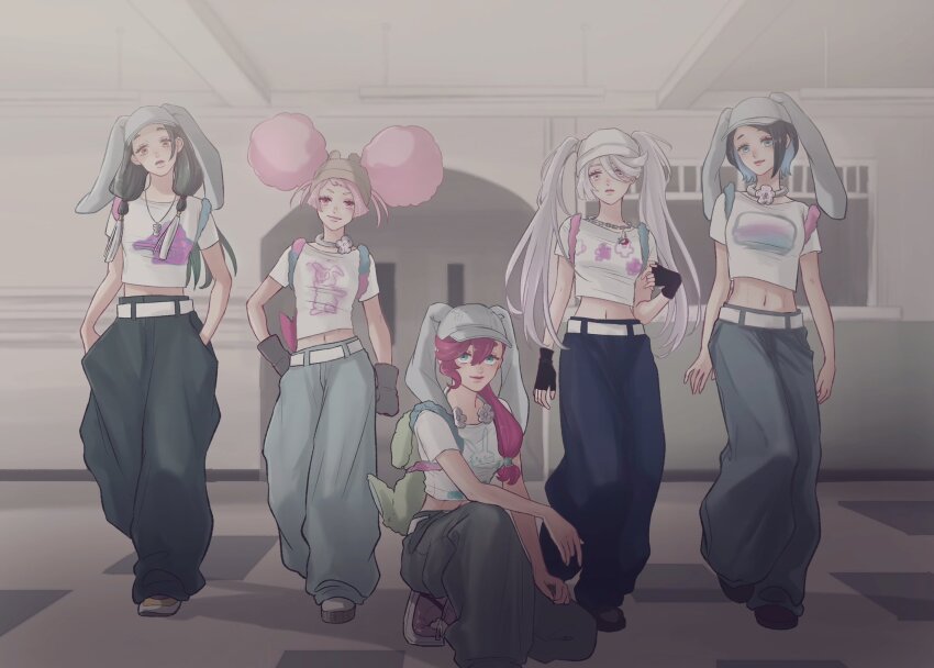 5girls, afro_puffs, aliya_mahvash, animal_ear_headwear, animal_ears, backpack, bag, baggy_pants