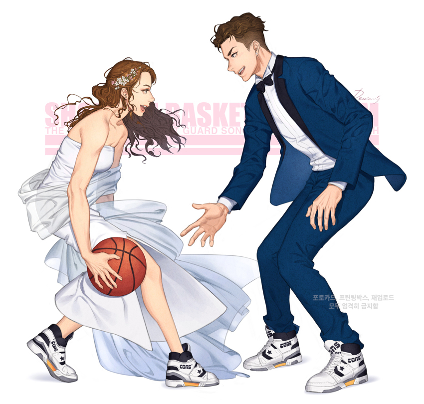 1boy, 1girl, ayako_(slam_dunk), bad_id, bad_twitter_id, ball, basketball_(object), black_hair, blue_jacket, blue_pants, breasts, converse, couple, dress, earrings, flower, formal_clothes, hair_flower, hair_ornament, holding, holding_ball, jacket, jewelry, korean_commentary, leviejzn, long_hair, looking_at_another, makeup, medium_breasts, miyagi_ryouta, open_clothes, open_jacket, open_mouth, pants, shirt, shoes, short_hair, simple_background, slam_dunk_(series), smile, sneakers, stud_earrings, suit, translation_request, tuxedo, white_background, white_dress, white_shirt