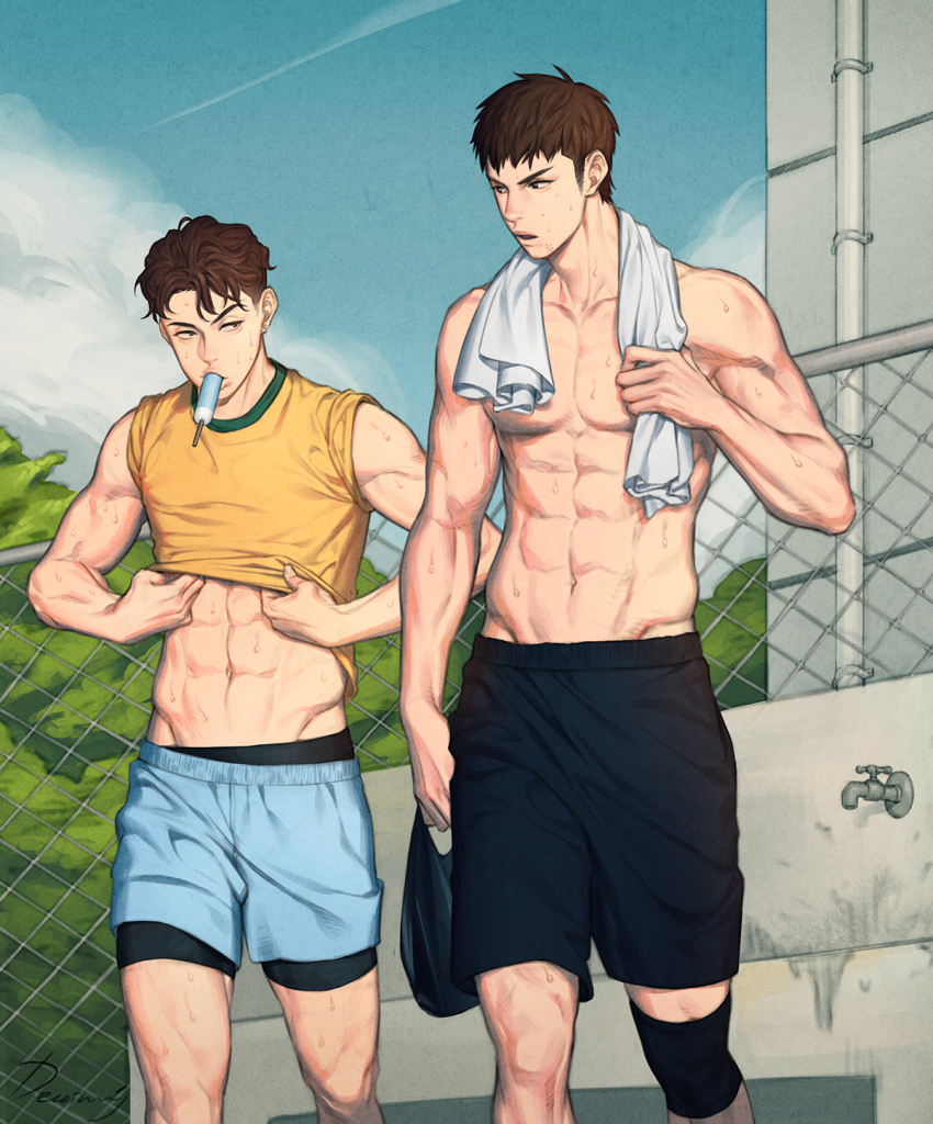 2boys, abs, black_hair, black_shorts, blue_shorts, clothes_lift, day, food