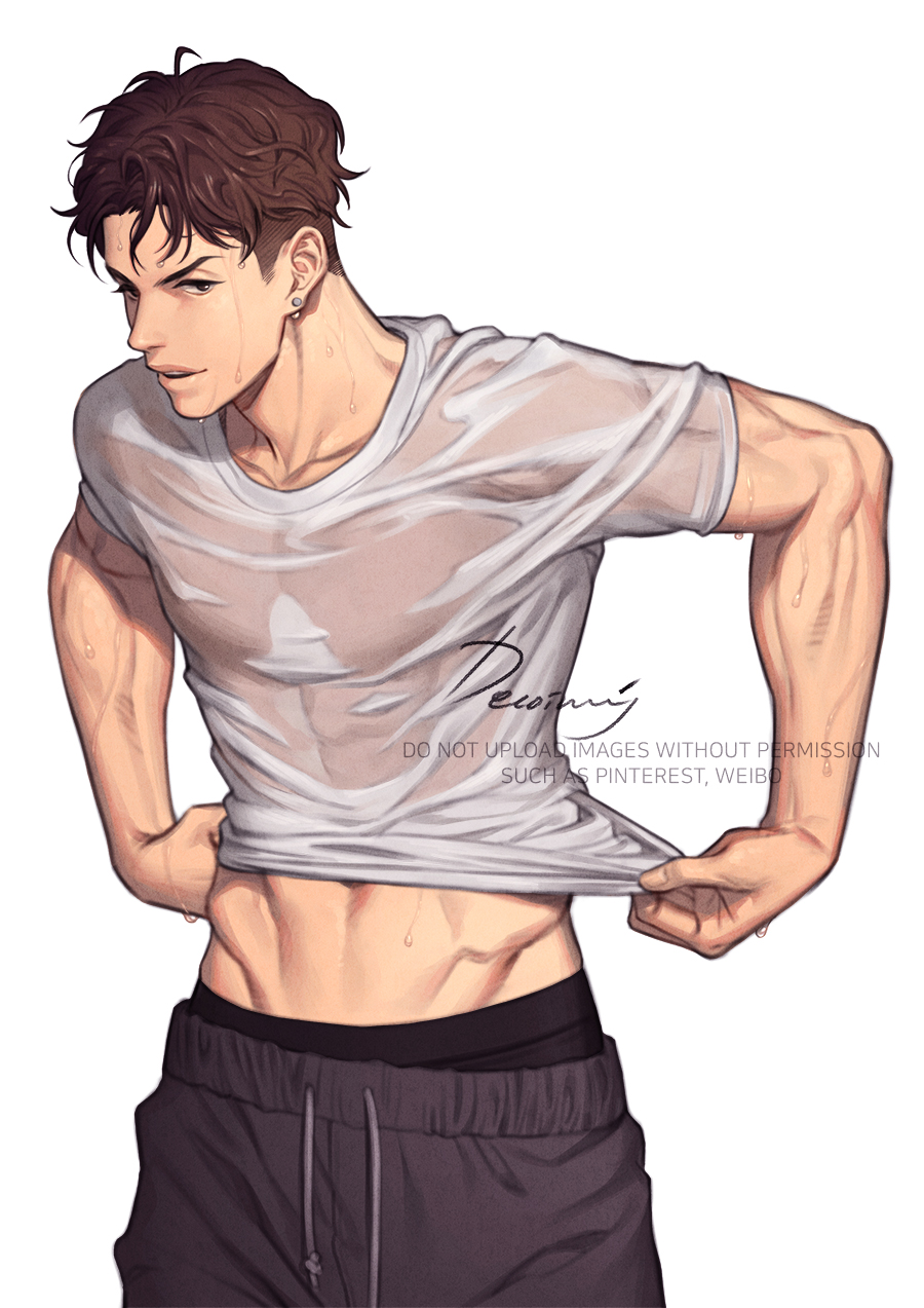 1boy, abs, black_hair, black_male_underwear, black_pants, clothes_lift, earrings, highres