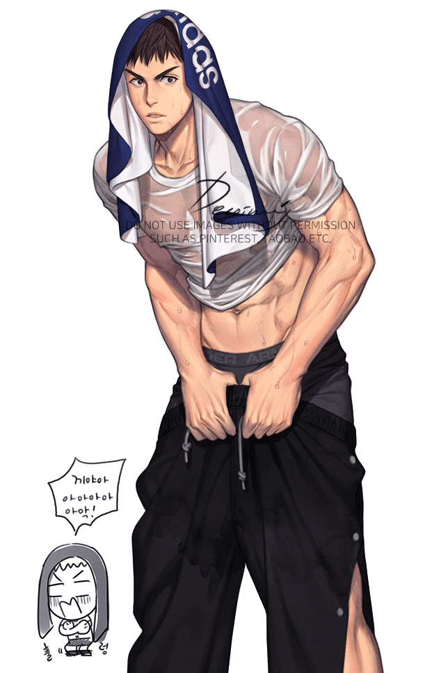 1boy, abs, black_hair, black_male_underwear, boxer_briefs, chibi, clothes_lift, holding