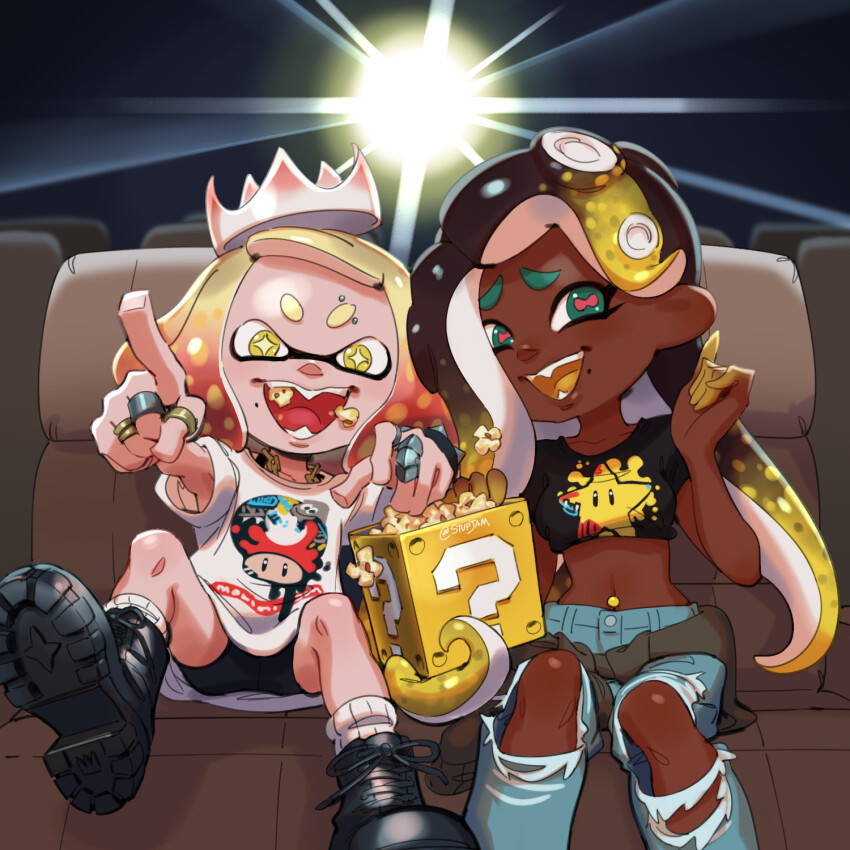 +_+, 2girls, ?_block, boots, casual, cephalopod_eyes, clothes_around_waist, company_connection, crop_top, crown, denim, eating, fangs, food, highres, inkling, jeans, jewelry, marina_(splatoon), mario_(series), movie_projector, movie_theater, multiple_girls, necklace, nintendo, octoling, open_mouth, oversized_clothes, oversized_shirt, pants, pearl_(splatoon), pink_pupils, pointing, popcorn, ring, shirt, sitting, smile, splatoon_(series), splatoon_2, stup-jam, suction_cups, super_mushroom, super_star_(mario), tentacle_hair, the_super_mario_bros._movie, torn_clothes, torn_jeans, torn_pants