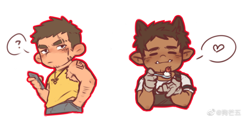 2boys, =_=, ?, arm_hair, bara, blush, borrowed_character, character_request