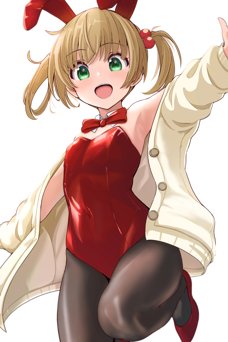 1girl, animal_ears, black_pantyhose, bow, bowtie, breasts, brown_hair, cardigan