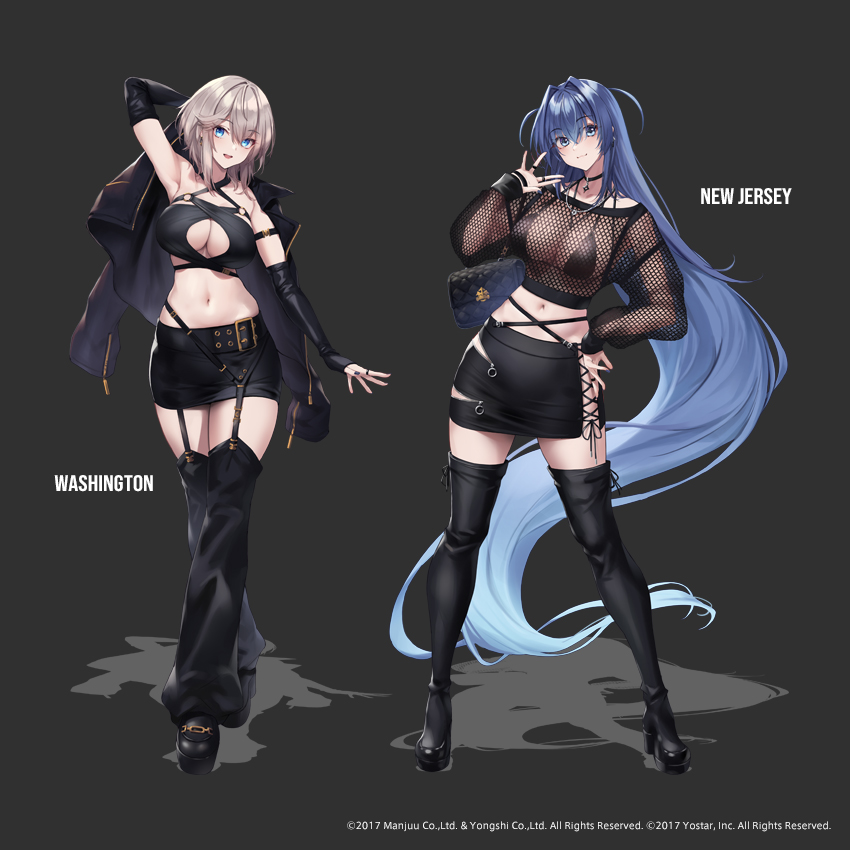 2girls, alternate_costume, azur_lane, bag, boots, character_name, criss-cross_halter, fishnet_top, fishnets, fukai_ryosuke, full_body, halterneck, handbag, high_heel_boots, high_heels, jacket, looking_at_viewer, midriff, miniskirt, multiple_girls, navel, new_jersey_(azur_lane), official_art, promotional_art, side_slit, skirt, thigh_boots, washington_(azur_lane), zozotown