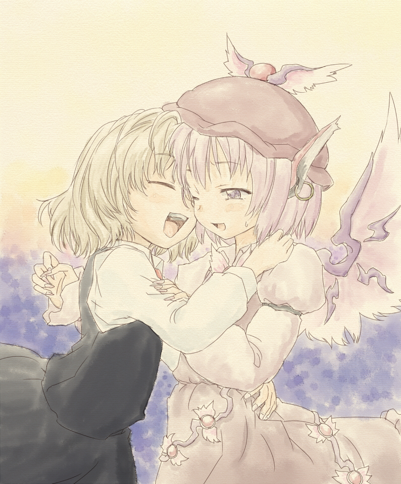 2girls, bad_id, bad_pixiv_id, blonde_hair, female_focus, hug, multiple_girls, mystia_lorelei