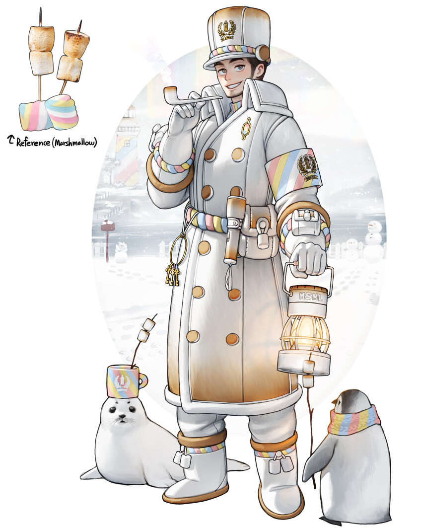 1boy, absurdres, bird, black_hair, boots, brown_eyes, coat, facial_hair, food, full_body, gloves, grey_sky, highres, holding, holding_smoking_pipe, lantern, lighthouse, long_sleeves, looking_at_viewer, male_focus, marshmallow, original, pants, parted_lips, penguin, personification, rainbow_scarf, rinotuna, roasted_marshmallow, seal_(animal), sky, smile, smoking_pipe, snowman, solo, standing, stubble, white_boots, white_coat, white_gloves, white_headwear, white_pants, winter_clothes