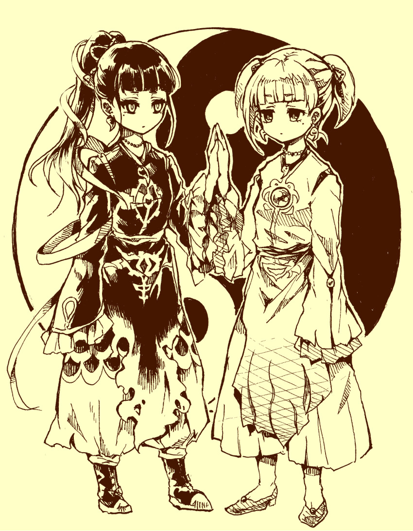 2girls, boots, chinese_clothes, closed_mouth, commentary_request, dress, earrings, flat_chest