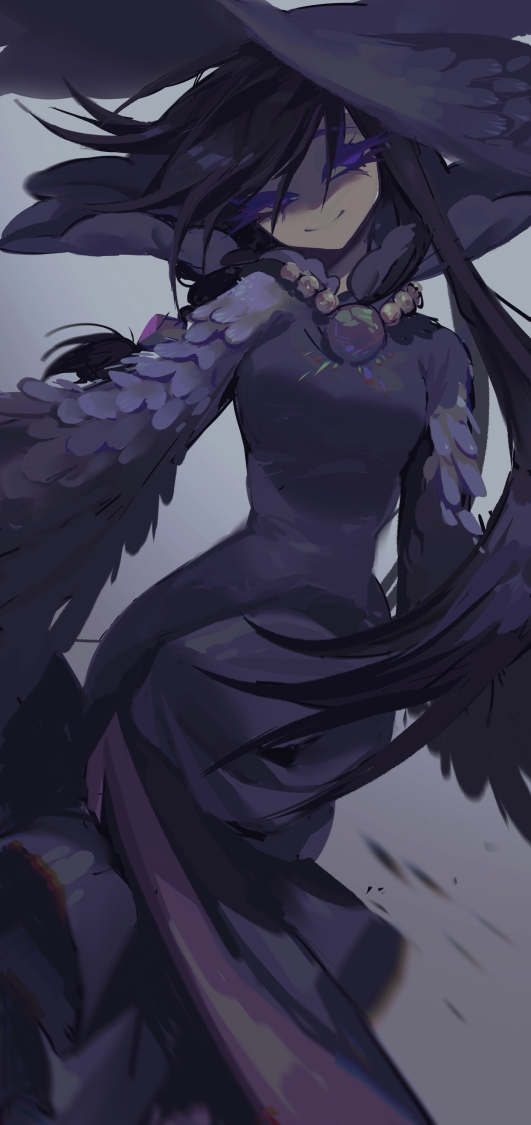 1girl, bead_necklace, beads, black_hair, braid, breasts, colored_eyelashes, commentary_request, cookie_run, crowberry_cookie, dress, feather-trimmed_sleeves, feet_out_of_frame, hat, head_tilt, high_collar, humanization, jewelry, jizhuileikunchong_(71902877), long_dress, long_hair, long_sleeves, looking_at_viewer, motion_blur, necklace, partial_commentary, purple_dress, purple_eyes, purple_hat, shaded_face, side_braid, simple_background, small_breasts, smile, solo, swept_bangs, white_background, witch_hat