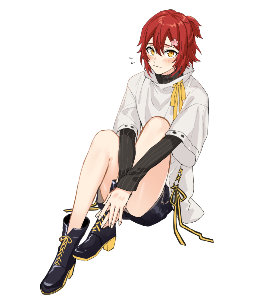 1boy, adapted_costume, black_boots, black_shorts, black_sweater, blush, boots, embarrassed