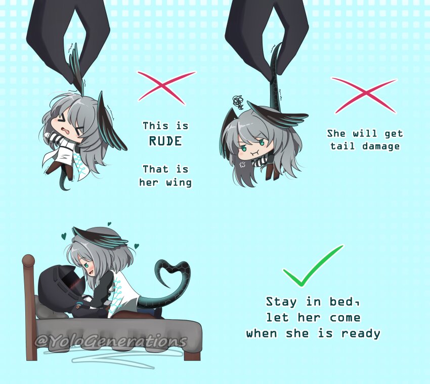 absurdres, arknights, bed, blue_eyes, doctor_(arknights), english_text, grey_hair, highres