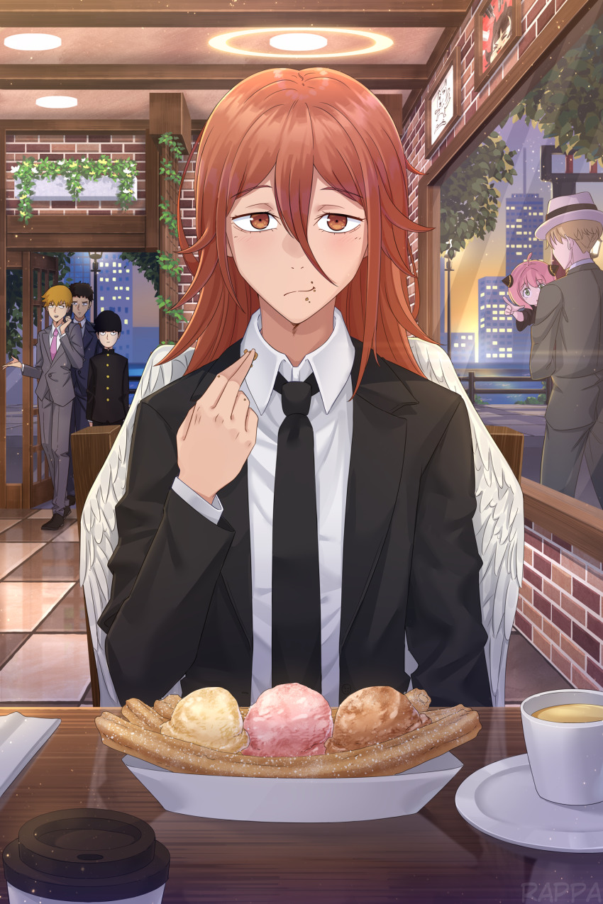 1girl, 5boys, angel, angel_devil_(chainsaw_man), angel_wings, anya_(spy_x_family), black_jacket, black_necktie, black_suit, blonde_hair, business_suit, chainsaw_man, character_request, churro, city, cup, disposable_coffee_cup, disposable_cup, eating, feathered_wings, fedora, food, food_on_face, formal_clothes, green_jacket, green_pants, grey_jacket, grey_pants, hair_between_eyes, halo, hat, highres, ice_cream, indoors, jacket, kageyama_shigeo, long_hair, looking_at_viewer, male_focus, mob_psycho_100, multiple_boys, necktie, pants, pink_hair, rappa_(sirrappa), red_eyes, red_hair, reigen_arataka, restaurant, saucer, school_uniform, serizawa_katsuya, short_hair, spy_x_family, suit, suit_jacket, teacup, traditional_halo, twilight_(spy_x_family), white_wings, window, wings
