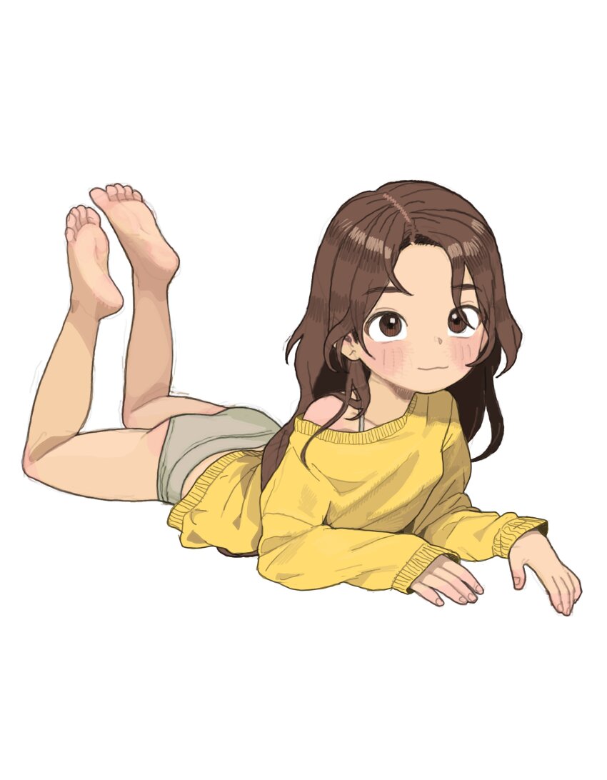 1girl, absurdres, ass, barefoot, blush, brown_eyes, brown_hair, feet, female_focus, full_body, grey_panties, highres, legs, loli, long_hair, looking_at_viewer, lying, no_pants, off-shoulder_sweater, off_shoulder, on_stomach, original, oversized_clothes, panties, possummachine, simple_background, smile, soles, solo, sweater, thighs, toes, underwear, white_background, yellow_sweater