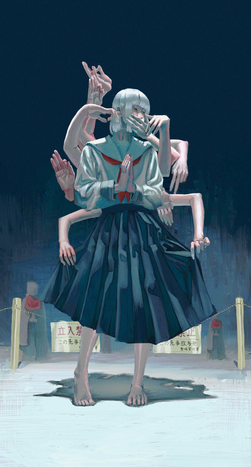 1girl, absurdres, barefoot, blood, bloody_tears, blue_skirt, blunt_bangs, closed_eyes