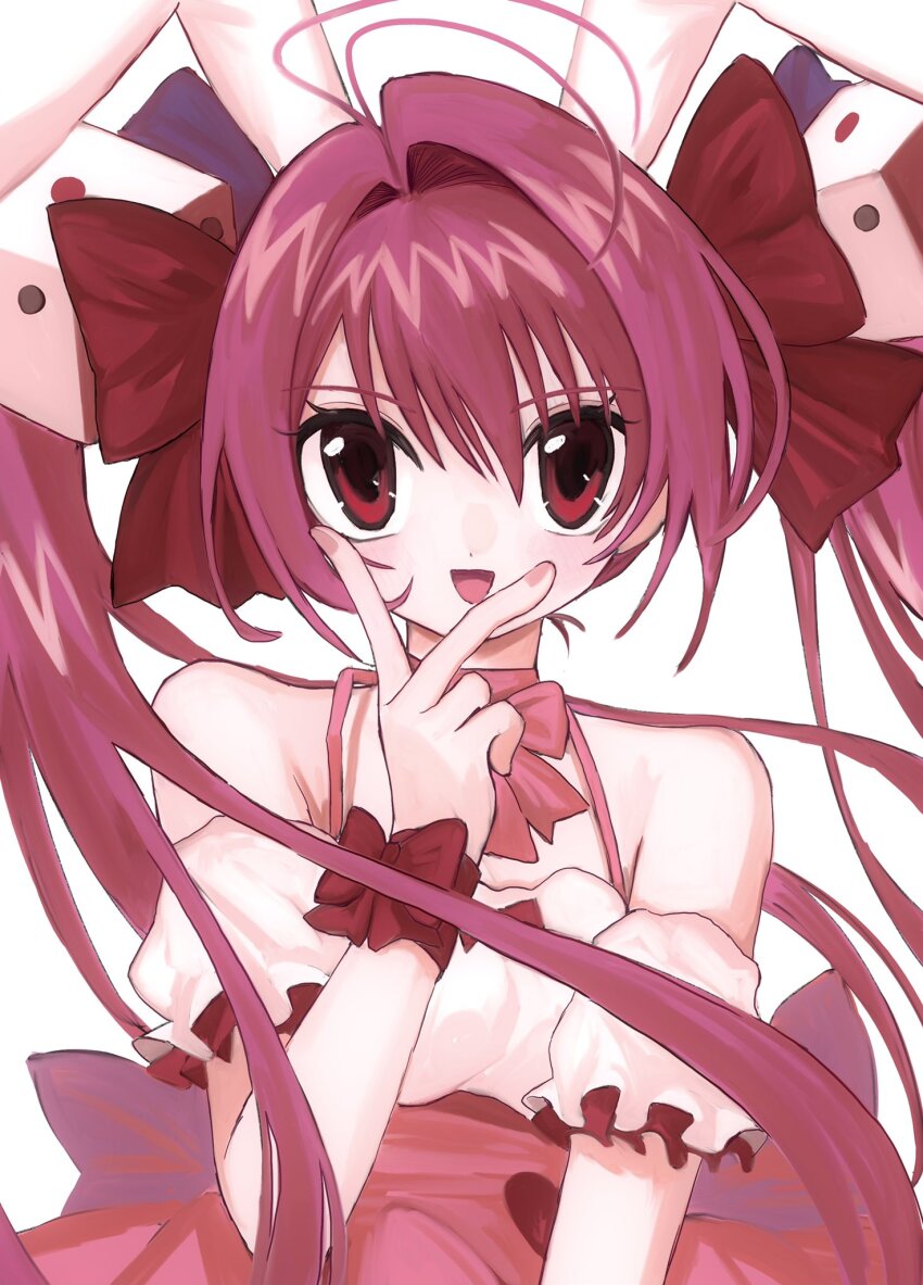 1girl, :d, animal_ears, bow, bowtie, di_gi_charat, dice_hair_ornament, dress