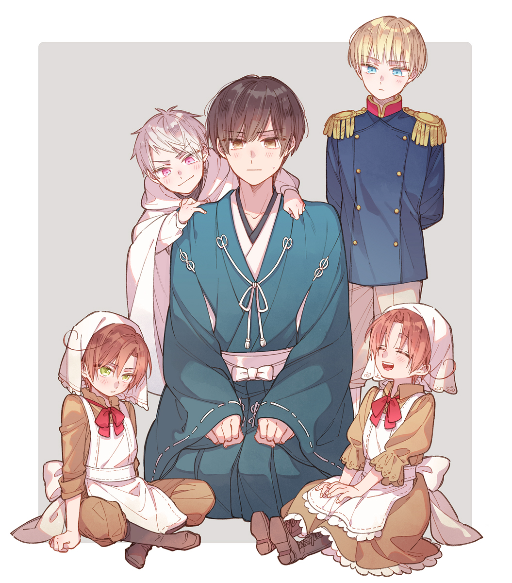 5boys, aged_down, axis_powers_hetalia, black_hair, blonde_hair, boots, brown_hair, buttons, double-breasted, epaulettes, germany_(hetalia), highres, japan_(hetalia), japanese_clothes, kimono, maid, military, military_uniform, multiple_boys, noeru_(putty), northern_italy_(hetalia), prussia_(hetalia), southern_italy_(hetalia)