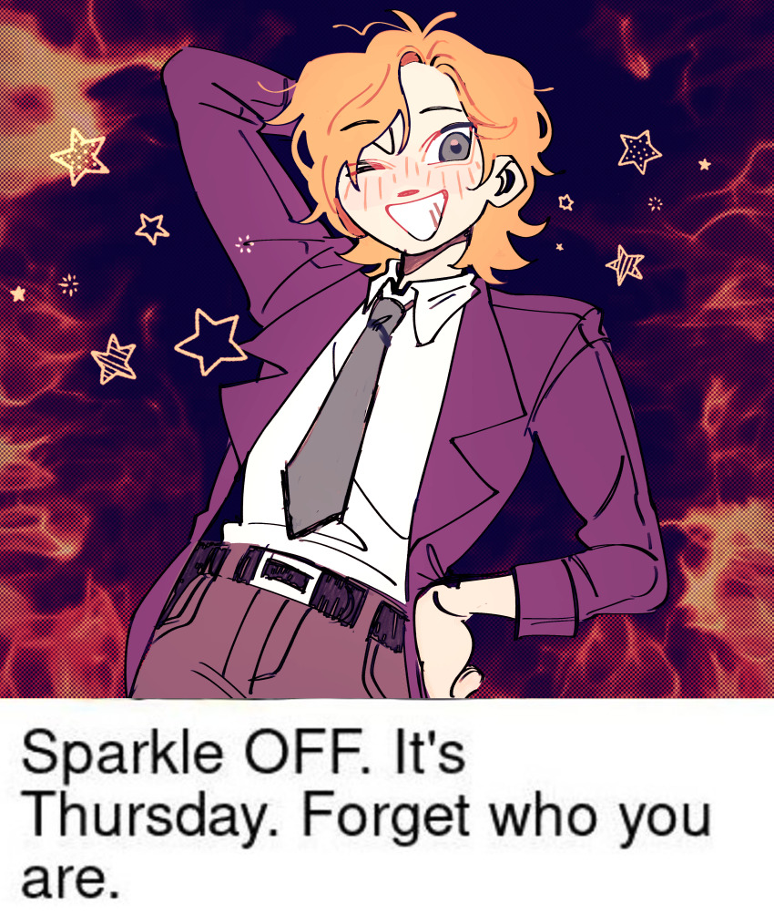 1boy, absurdres, arm_behind_head, blazer, blonde_hair, blush, brown_pants, collared_shirt