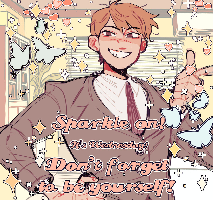 1boy, absurdres, blonde_hair, brown_eyes, bug, butterfly, collared_shirt, commentary