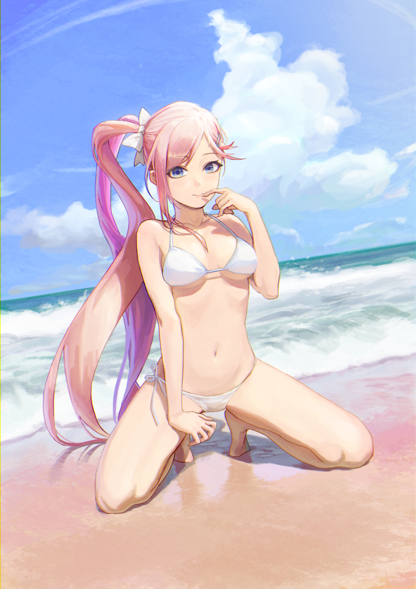 1girl, bikini, blue_eyes, blue_sky, breasts, cloud, day, full_body, hand_on_own_face, highres, long_hair, looking_at_viewer, medium_breasts, navel, naxile, ocean, original, outdoors, pink_hair, sand, seiza, side-tie_bikini_bottom, side_ponytail, sitting, sky, solo, swimsuit, water, white_bikini