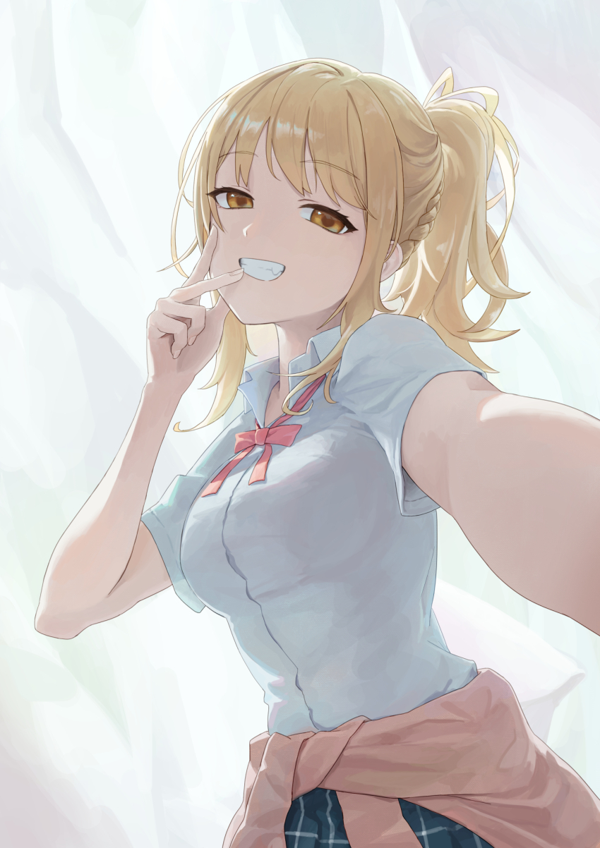 blonde_hair, blue_skirt, braid, collared_shirt, grin, hand_up, highres, long_hair