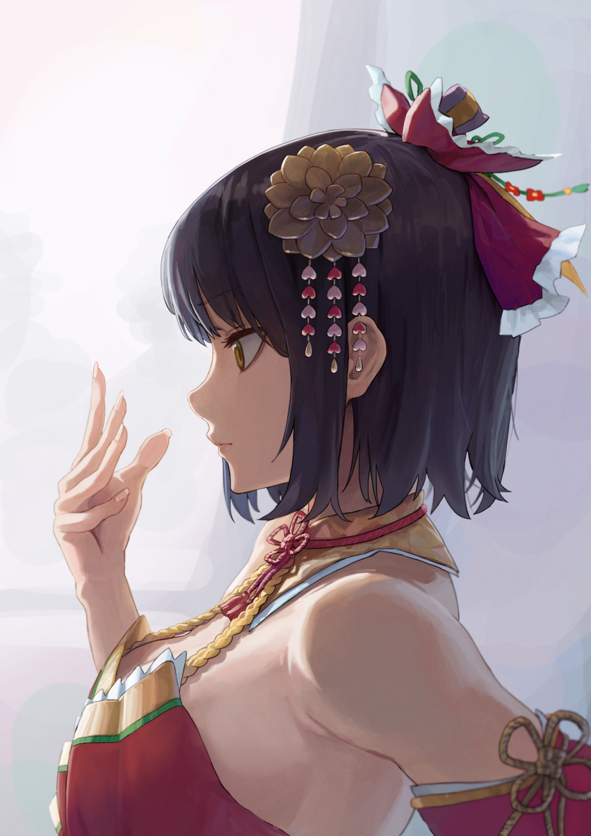 black_hair, bow, breasts, closed_mouth, from_side, hair_bow, hair_ornament, hand_up