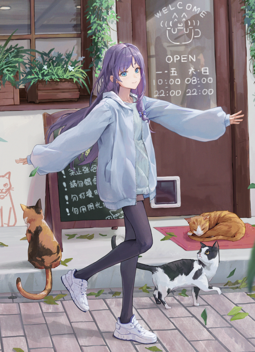 1girl, animal, blue_eyes, cat, cat_cafe, closed_mouth, day, door