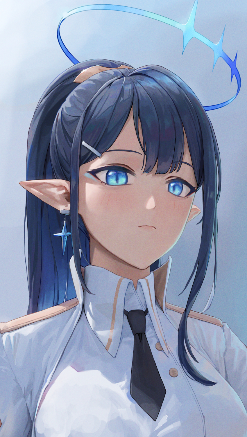 1girl, black_hair, black_necktie, blue_archive, blue_eyes, blue_hair, blue_halo, closed_mouth