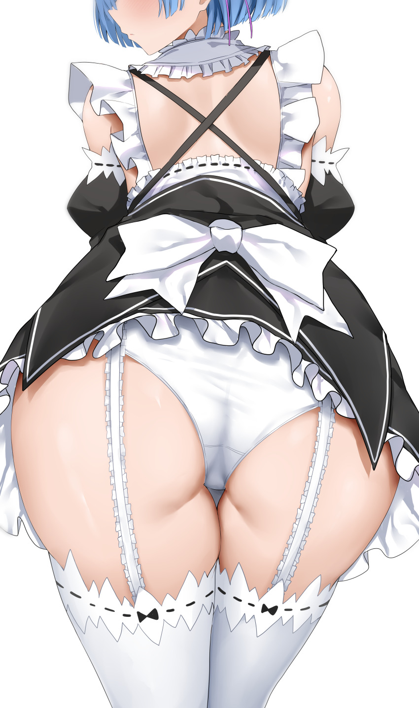 1girl, absurdres, apron, arind_yudha, ass, ass_focus, bent_over, black_dress, blue_hair, commission, detached_sleeves, dress, frilled_dress, frilled_sleeves, frills, from_behind, garter_straps, highres, maid, maid_apron, panties, pixiv_commission, re:zero_kara_hajimeru_isekai_seikatsu, rem_(re:zero), roswaal_mansion_maid_uniform, short_dress, short_hair, simple_background, skirt, solo, thighhighs, underwear, white_apron, white_background, white_panties, white_thighhighs