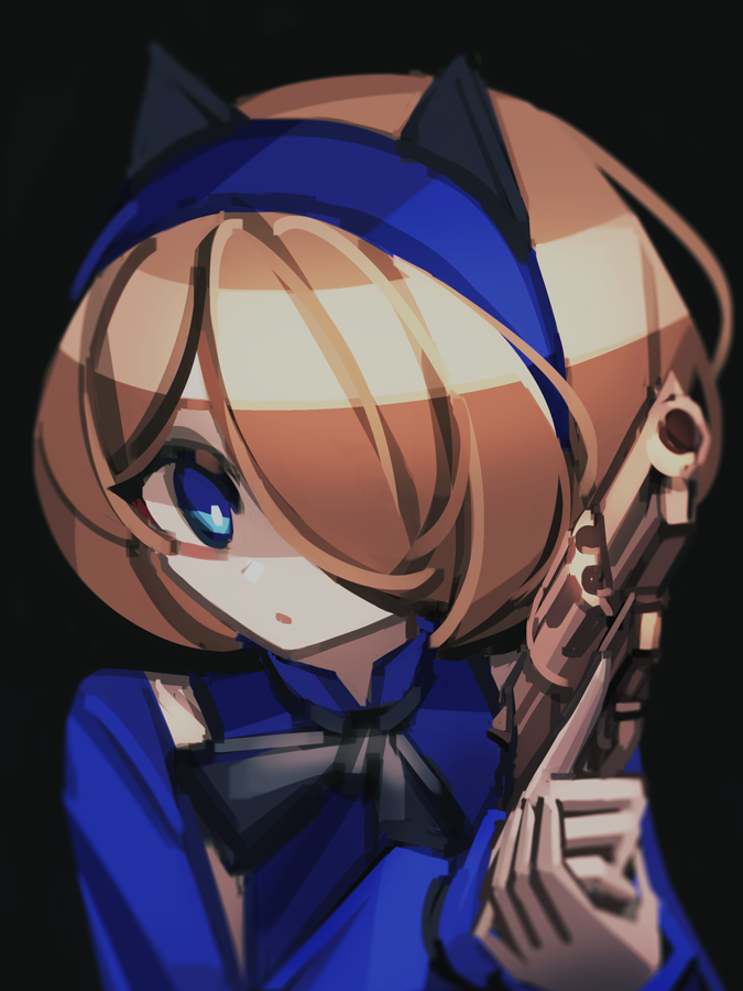 1girl, animal_ears, aria_(phantom_rose), ascot, black_ascot, black_background, blonde_hair, blue_eyes, blue_hairband, blue_shirt, blurry, bob_cut, bright_pupils, commentary, dot_nose, eyebrows_hidden_by_hair, fake_animal_ears, gun, hair_over_one_eye, hairband, handgun, high_collar, holding, holding_gun, holding_weapon, long_bangs, long_sleeves, looking_at_viewer, makaroll, own_hands_together, parted_lips, phantom_rose, revolver, shaded_face, shirt, short_hair, simple_background, solo, suspenders, swept_bangs, trigger_discipline, upper_body, weapon