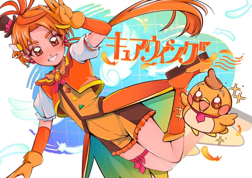 1boy, bird, boots, commentary_request, cure_wing, dual_persona, eyelashes, gloves, happy, hat, highres, hirogaru_sky!_precure, long_hair, looking_at_viewer, low_ponytail, magical_boy, marugao_(htcf2334), mini_hat, mini_top_hat, orange_eyes, orange_gloves, orange_hair, orange_vest, ponytail, precure, short_sleeves, smile, solo, top_hat, translation_request, vest, yuunagi_tsubasa, yuunagi_tsubasa_(bird)