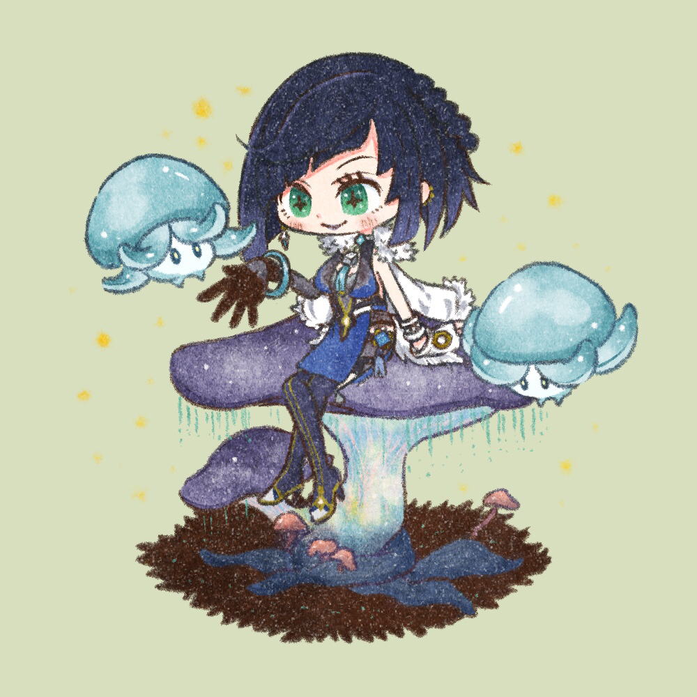 1girl, asymmetrical_gloves, bead_choker, black_gloves, blue_hair, blush, boots, bracelet