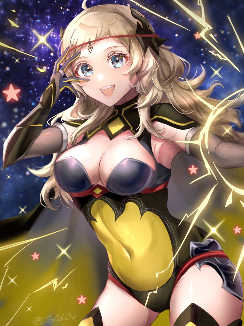 1girl, absurdres, ahoge, alternate_costume, armor, black_bridal_gauntlets, black_cape, blonde_hair, breasts, bridal_gauntlets, cape, circlet, cleavage, covered_navel, cowboy_shot, dark_mage_(fire_emblem_fates), electricity, fake_horns, fire_emblem, fire_emblem_fates, fire_emblem_heroes, gloves, grey_eyes, hair_ornament, hand_over_face, highres, hip_armor, horns, large_breasts, long_hair, looking_at_viewer, nintendo, odin_(fire_emblem), odin_(resplendent)_(fire_emblem), open_mouth, ophelia_(fire_emblem), sky, smile, solo, star_(sky), starry_sky, teeth, thighhighs, yellow_cape, youhei_choregi