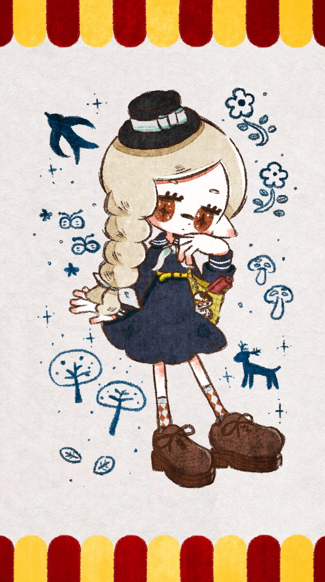 1girl, argyle_clothes, argyle_socks, bag, belt, bird, black_hat, blonde_hair