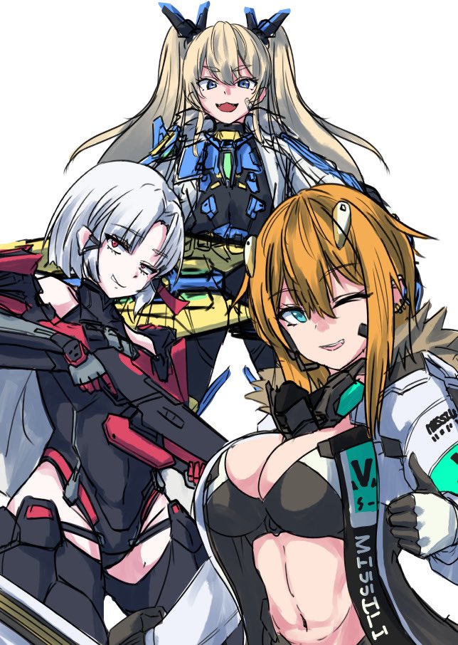 3girls, :d, armored_bodysuit, armored_gloves, armored_leotard, bandaid, bandaid_on_cheek, bandaid_on_face