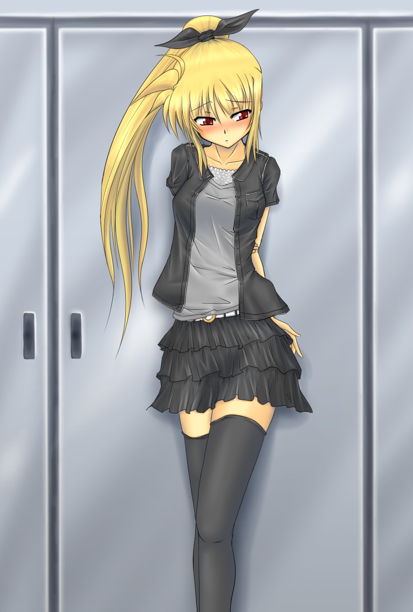 00s, 1girl, absurdres, arms_behind_back, blonde_hair, blush, casual, fate_testarossa, female_focus, highres, long_hair, lyrical_nanoha, mahou_shoujo_lyrical_nanoha, mahou_shoujo_lyrical_nanoha_strikers, moonlight_(base), ponytail, red_eyes, ribbon, skirt, solo, thighhighs, zettai_ryouiki