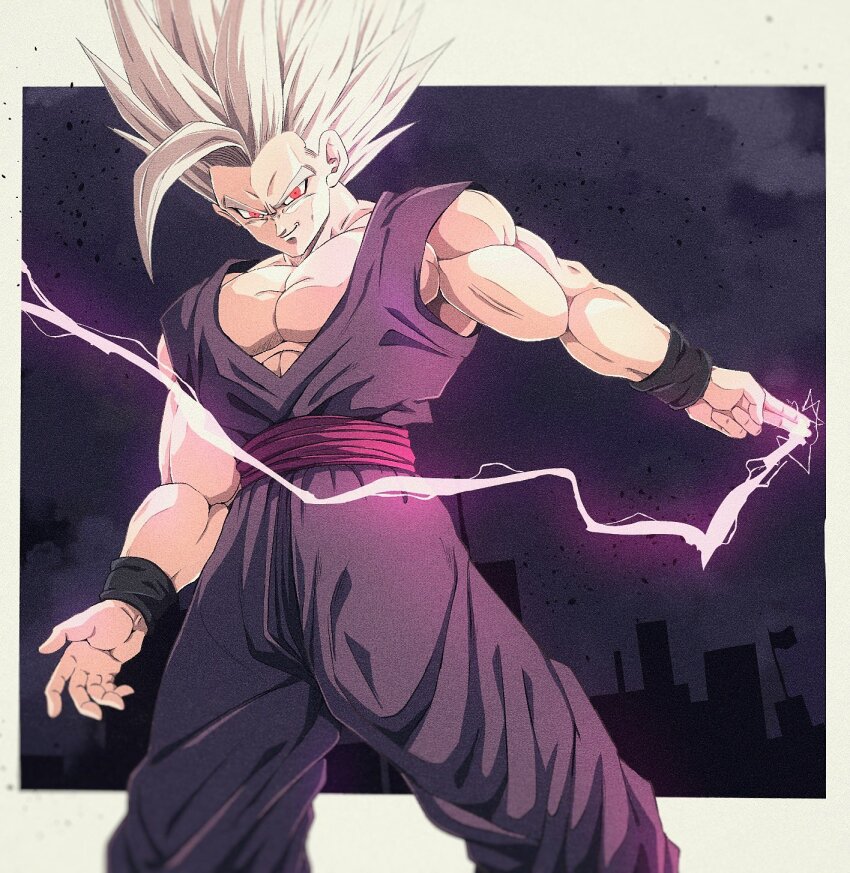 1boy, baggy_pants, bare_shoulders, biceps, border, bure_(fantasticyouth7), closed_mouth, cloud, cloudy_sky, collarbone, commentary, dougi, dragon_ball, dragon_ball_super, dragon_ball_super_super_hero, electricity, energy, gohan_beast, grey_hair, highres, looking_at_viewer, male_focus, muscular, muscular_male, outside_border, pants, pectorals, purple_pants, red_eyes, red_sash, sash, silhouette, sky, smile, smirk, solo, son_gohan, spiked_hair, standing, v-shaped_eyebrows, white_border, wristband