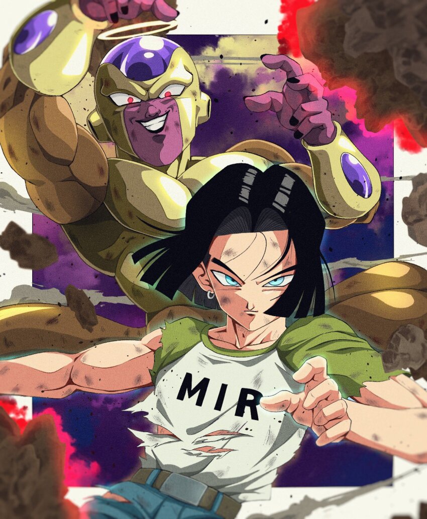 2boys, android_17, arms_up, belt, biceps, black_hair, black_nails, blue_eyes