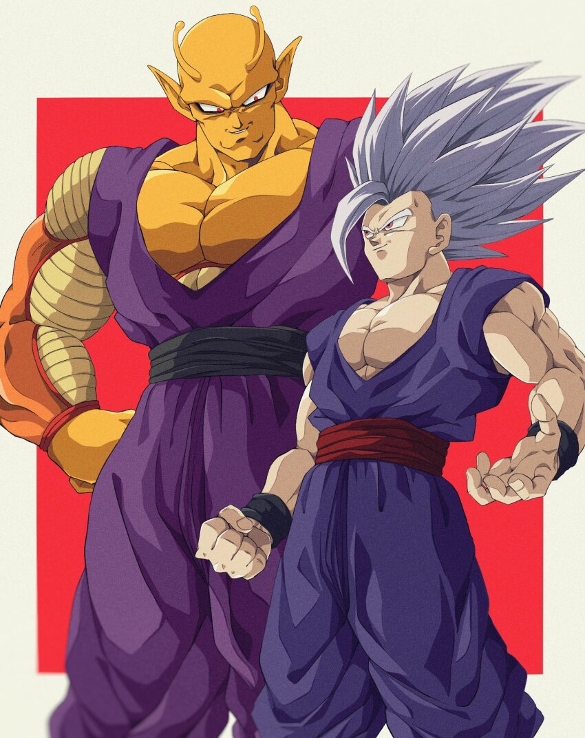 2boys, antennae, baggy_pants, biceps, black_sash, border, bure_(fantasticyouth7), clenched_hand